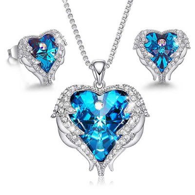 Blue Swarovski heart necklace and earrings