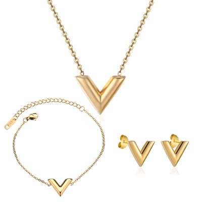Gold-coloured V Necklace Bracelet and earrings