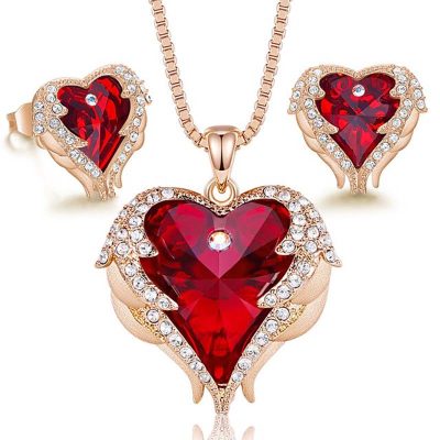 Red Swarovski heart necklace and earrings