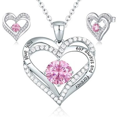 Silverplated pink Swarovski heart necklace and earrings
