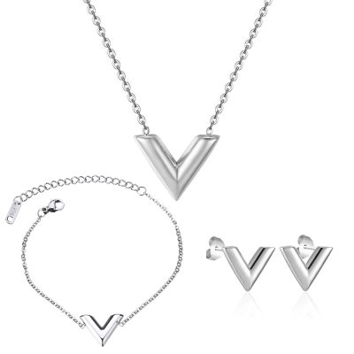 Silver-coloured V necklace with bracelet and earrings