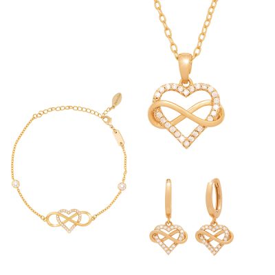Gold-plated infinity heart necklace, earrings and bracelet