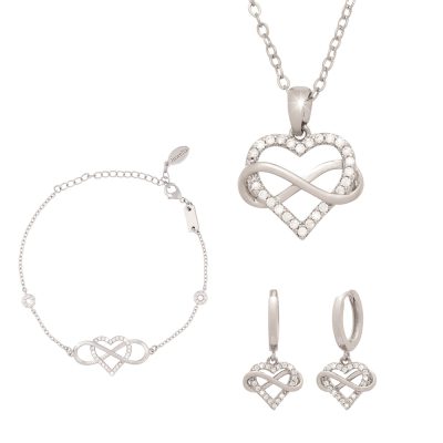 Silverplated infinity heart necklace, earrings and bracelet